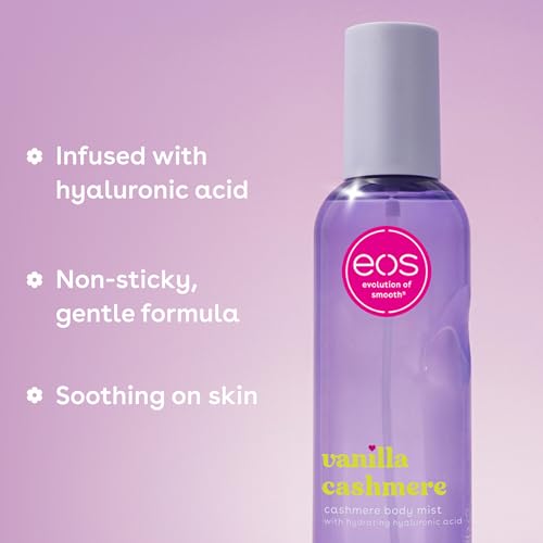 eos Cashmere Body Mist, Vanilla Cashmere, Soft Musk, Cozy Caramel, Hair Mist, Body Spray for Women Moisturizing, Hyaluronic Acid, Vanilla Body Spray, Vegan, Cruelty-free, 6 fl oz
