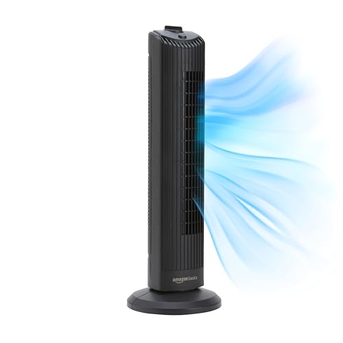 Basics 28" 60-Degree Oscillating Tower Fan with Powerful Airflow for Bedroom, Living Room, Office, 3 Speeds, Mechanical Control, Air Circulator, 35W, 27.8"H x 9.4"D x 9.4"W, Black