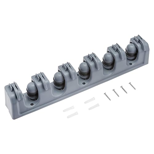 Basics Rectangular Heavy Duty Wall Mount Broom and Mop Holder, Sturdy Tool Organizer with Hooks and Slots for Garage, Garden, Laundry, Kitchen Organization, 2.36 x 16.9 x 3.35 in, Gray