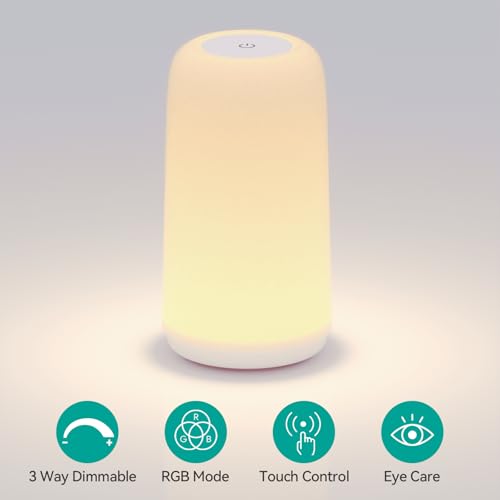 ROOTRO Touch Bedside Table Lamp, [Sleek Design & RGB Mode] 3 Way Dimmable Small Lamp for Bedroom, LED Lamp with Warm White Lights, Multi-Color Smart Nightstand Lamp for for Living Room Home Gifts