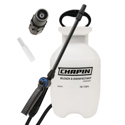 Chapin 20075 Bleach Pump Sprayer, 1‑Gallon, Lawn & Garden, Bleach‑Resistant Poly Tank, Funnel‑Top, Anti‑Clog Filter, Adjustable Cone Nozzle, 40" Hose for Cleaning, Mold & Disinfecting Applications