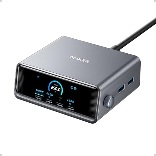 Anker  Charging Station, 250W 6-Port GaN USB C Charger, 2.26" LCD Smart Display Control, Compatible with iPhone, Galaxy, MacBook, Dell for Home Office, Gaming Desk Accessories