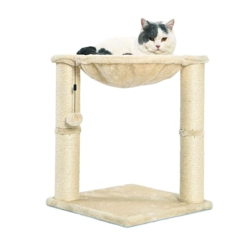 Basics Cat Tower with Hammock Bed and Scratching Post for Indoor Cats, Easy to Assemble, Interactive Hanging Ball, 15.8" x 15.8" x 19.7", Beige