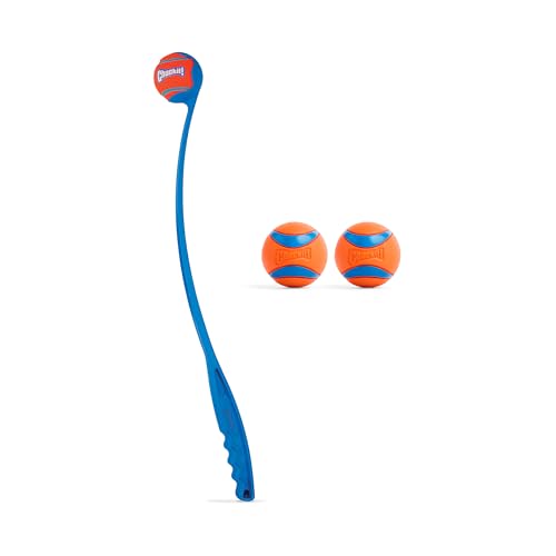 Chuckit! Ultra Dog Ball & Launcher Bundle Classic 26M 26" Length with 2 Pack Medium (2.5") Bouncy Fetch Balls for Dogs 20-60 lbs, Dog Fetch Ball Thrower