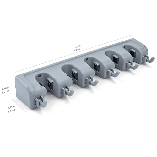 Basics Rectangular Heavy Duty Wall Mount Broom and Mop Holder, Sturdy Tool Organizer with Hooks and Slots for Garage, Garden, Laundry, Kitchen Organization, 2.36 x 16.9 x 3.35 in, Gray
