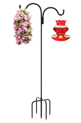 Gtongoko Double Shepherds Hook for Outdoor, 92 Inch Bird Feeder Pole with 5 Prongs Base, 5/8 Inch Thick Heavy Duty Adjustable Garden Hook for Hanging Plant, Lantern, Hummingbird Feeder, 1 Pack
