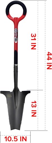 Root Slayer 22011 Garden Shovel with Serrated Blade for Digging and Root Cutting, Heavy Duty Steel Spade, Red