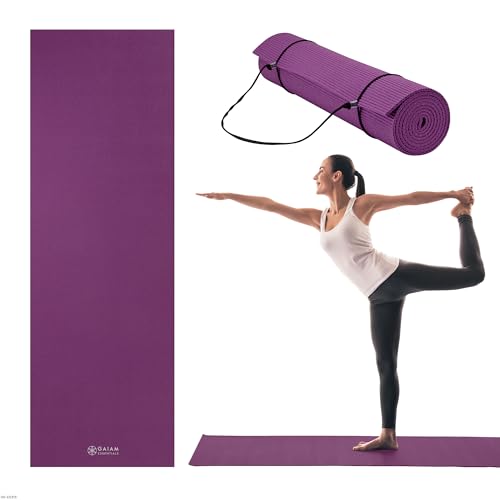 Gaiam Essentials 1/4" Thin (6mm) Yoga & Pilates, Fitness & Exercise Mat with Easy-Cinch Carrier Strap Cusion Support For Fitness and Gym Workouts