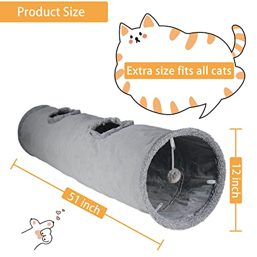 Cat Tunnel for Indoor Cats, 51×12 inch Foldable Big Cat Tunnel, Grey Suede Pet Tunnels with Two Peepholes and a Bubble Ball