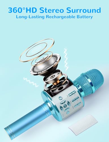 Amazmic Kids Karaoke Microphone Machine Toys for Girls Bluetooth Microphone with LED Light, Children's Day Birthday Gift for Girls Boys 3 4 5 6 7 8 9 10 11 12 Year Old Kids Toys(Blue)