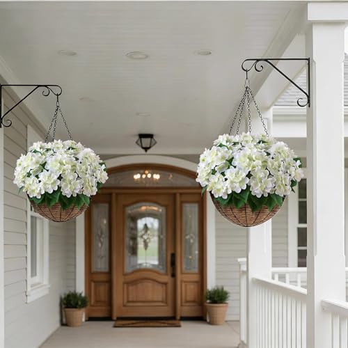 FOTEEWL 16 Bundles Artificial Hydrangea Flowers for Outdoor Decor, Realistic Faux Silk Bouquets Sun-Resistant Fake Plants for Front Door Balcony Farmhouse Garden Home Spring Summer Decor (White)