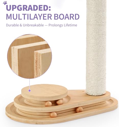 Made4Pets Cat Scratching Post Cat Scratcher Kitten Toys for Indoor Cats Wooden Ball Track Two-Layer Modern Sisal 17.7" Tall Scratch Post Interactive Toy with Dangling Ball