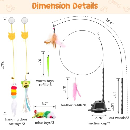 Depets Cat Wand Toy, 15 Pcs Interactive Cat Feather Toys for Indoor Self Play & Exercise, 2 Play Modes Kitten Teaser Wand, Reusable Suction Cup Kitten Toys