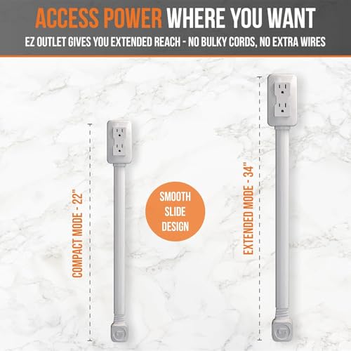 EZ Outlet Electrical Outlet Extender. Access Hard-to-Reach Outlets! Features USB-A, USB-C, and 2 AC Outlets, Extends 22"-34", Rotates 180°. Use Behind Couches, Nightstands, Desks, and More.
