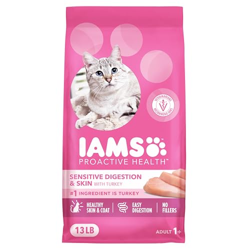 IAMS Proactive Health Sensitive Digestion & Skin Dry Cat Food, Adult Cat Food Dry Recipe with Real Turkey, 13 lb. Bag