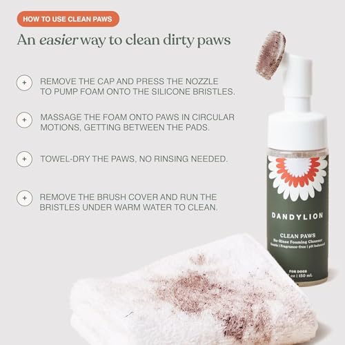 Dandylion Dog Paw Cleaner, Clean Paws, Dog Paw Washer, No Rinse Foam Cleaner for Dogs, Fragrance Free pH Balanced Foaming Washer with Silicone Brush, Pet Cleaning Supplies, 5 fl oz