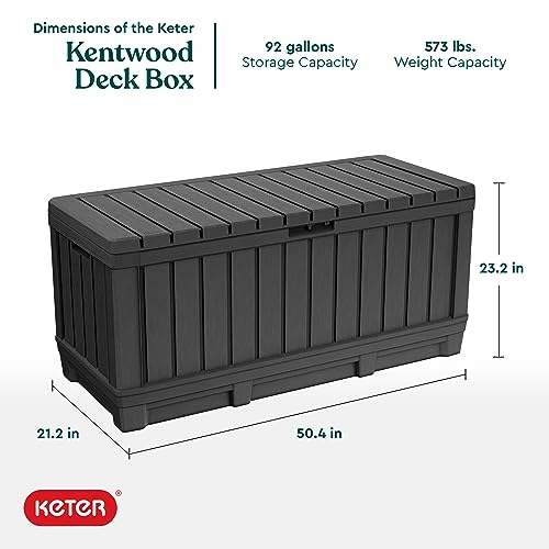 Keter Kentwood 92 Gallon Resin Deck Box-Organization and Storage for Patio Furniture Outdoor Cushions, Throw Pillows, Garden Tools and Pool Floats, Dark Grey