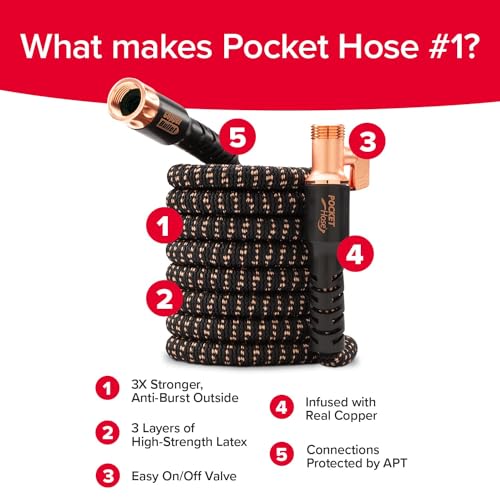 Pocket Hose 50 FT Copper Bullet Expandable Garden Hose w/10 Pattern Thumb Spray Nozzle AS SEEN ON TV 650psi 3/4 in Patented Lead-Free Ultra-Lightweight Solid Copper Anodized Aluminum