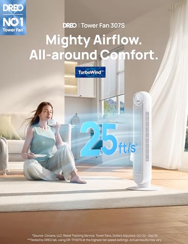 DREO Tower Fan for Bedroom, 25ft/s Smart Standing Fans, 90° Oscillating Floor Fan with 4 Modes, 4 Speeds, 8H Timer, 28dB, Bladeless, Remote, Works with WiFi Voice Control