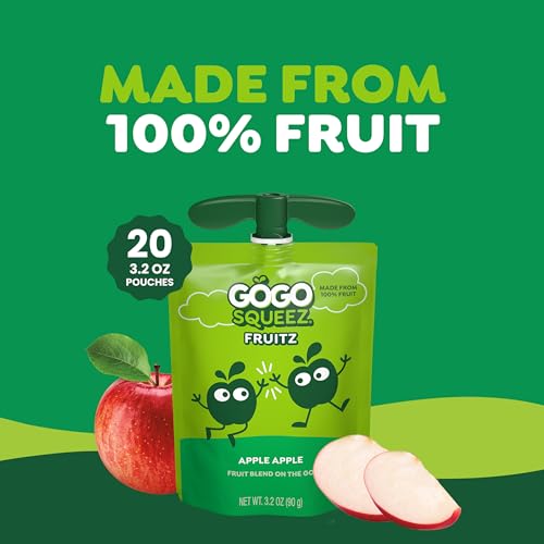 GoGo squeeZ No Sugar Added Applesauce and Fruit Puree, Apple, 3.2 oz Pouches (Pack of 20), Fruit Snacks for Kids, Gluten Free, Nut Free, Recloseable Cap, BPA Free