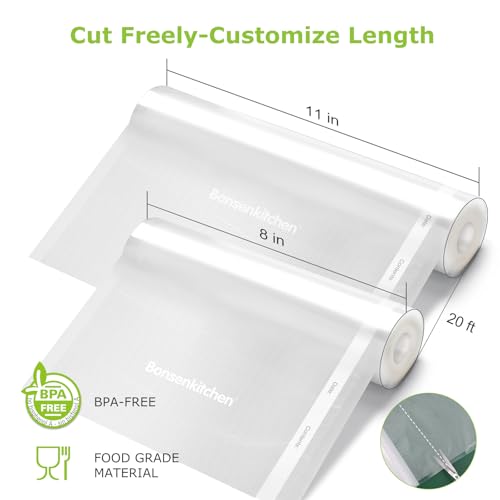 Bonsenkitchen Vacuum Sealer Rolls Bags, 6 Pack 3 Rolls 11" x 20' + 3 Rolls 8" x 20' Commercial Grade BPA Free Bag Rolls, Durable Customized Size Food Vac Bags for Storage and Sous Vide Cooking VB3211