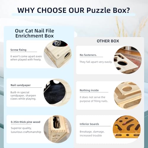 Cat Nail File Scratch Enrichment Box Enrichment Puzzle Toy for Indoor Cats Interactive Cat Scratch Puzzle Enrichment Box Toy with Sandpaper and Bell Ball, Nail File Stress for Cats