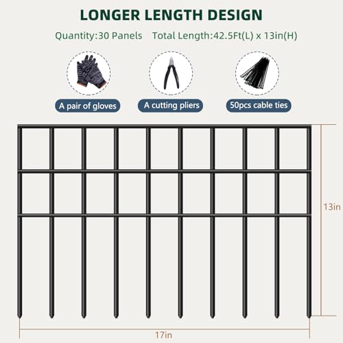 42.5ft(L) x 13in(H) Animal Barrier Fence, 30 Panels No Dig Garden Fence for Dog Rabbit, Rustproof Anti Digging Barrier, Garden Edging Border Ground Defense for Outdoor, Yard, Patio