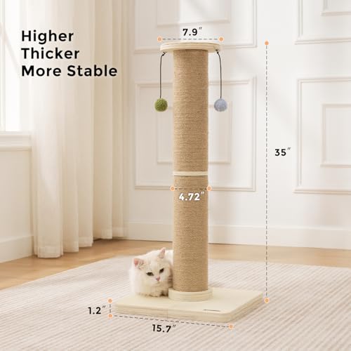 ZOMISIA 35'' Tall Cat Scratching Post, 4.7'' Large Scratch Post with Thicken Wooden Base for Indoor Cats Adults, Sisal Scratcher Top & Dangling Balls, Super Sturdy