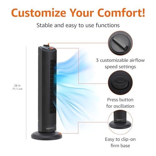 Basics 28" 60-Degree Oscillating Tower Fan with Powerful Airflow for Bedroom, Living Room, Office, 3 Speeds, Mechanical Control, Air Circulator, 35W, 27.8"H x 9.4"D x 9.4"W, Black