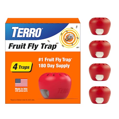 TERRO Fruit Fly Traps for Indoors (4 Pack) + 180 Days of Lure Supply - T2503SR - Lure and Kill Indoor Fruit Flies Near Fruit, Trash Cans, Countertops - Ready to Use Trap - 180 Day Supply