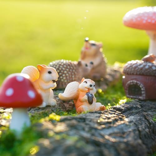 Fairy Garden Accessories, 7 Pieces Squirrel & Hedgehog Resin Figures with Acorn & Mushroom, Handmade Miniature Decor, Garden Miniatures and Home Decorations, Perfect DIY Gift