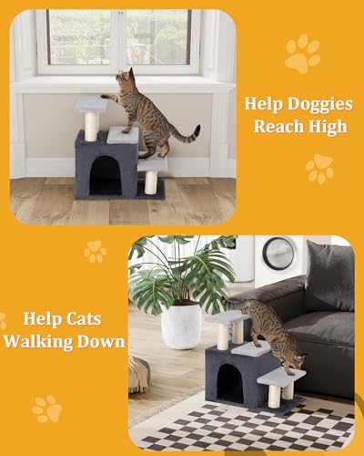 Aechonow 3-in-1 Pet Stairs for Cats, Dog Steps for Small Doggie Rabbits, 6.29''Depth Cat Stairs, Indoor Cat Ladders for High Bed for Pet's Joints, 1 Cat Condo Cave, Sisal Scratcher, Grey, Medium