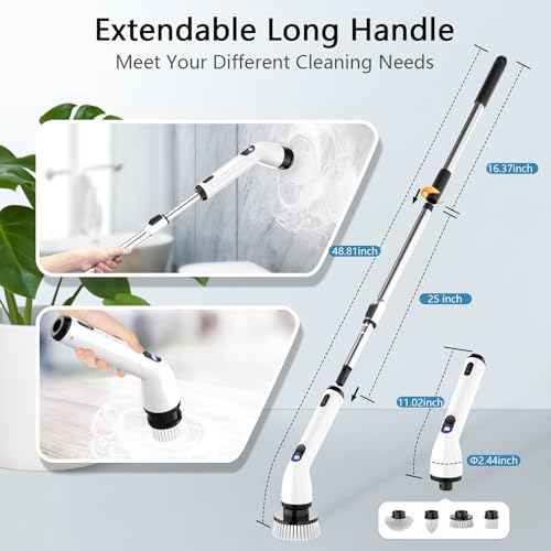 TUYU Electric Spin Scrubber, Full-Body IPX7 Waterproof Bathroom Scrubber with Power LCD Display, Adjustable Extension Handle, Cordless Shower Cleaner Brush for Bathtub Kitchen Wall Cleaning