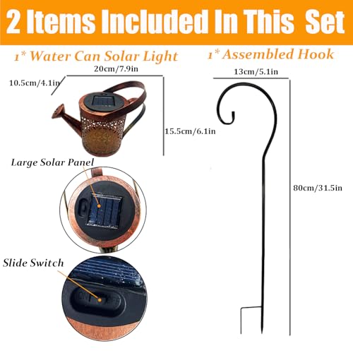 Solar Lanterns Outdoor Waterproof,Metal Watering Can Garden Decor Ornaments,Yard Art Hanging Path Lights,Outside Patio Decorations,Gardening Birthday Gifts for Mom Grandma Women,with Hook, Large