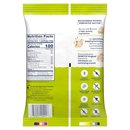 SkinnyPop Popcorn, Original, Whole Grain, Dairy-Free Snack, 0.65oz Bags (30ct)
