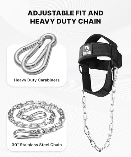 DMoose Fitness Neck Harness for Weight Lifting - Soft Padded Head & Chin Strap with 30" Heavy Duty Steel Chain - Neck Exerciser, Trainer & Strengthener to Support Injury Recovery and Intense Workouts