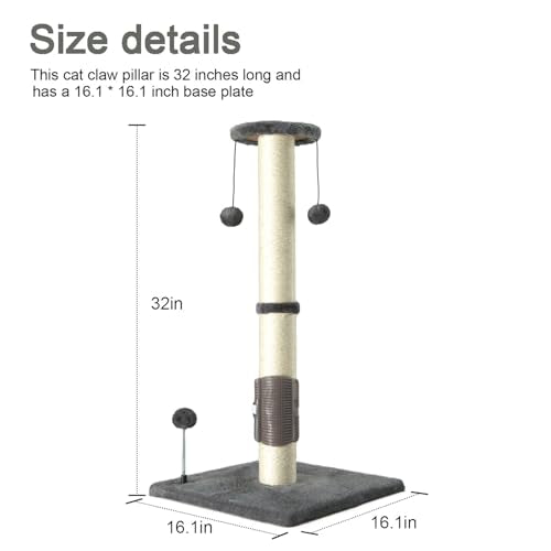 PEEKAB 32" Tall Cat Scratching Post Sisal Scratch Posts,with Hanging Ball and Self-Massage Brush Vertical Scratcher for Indoor Cats and Kittens Gray 32inches