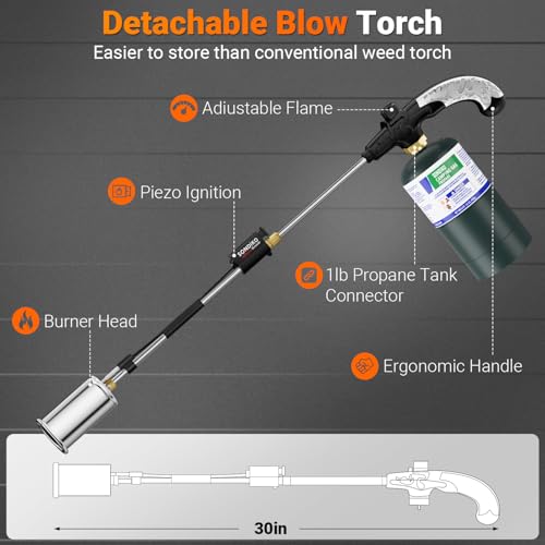 Sondiko Propane Torch Weed Burner, High Output Weed Torch Flamethrower, 30" Detachable Long Arm Heavy Duty Blow Torch For Garden, Wood, Ice, Snow, Melting(PROPANE TANK NOT INCLUDED)