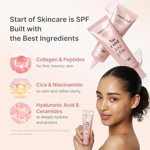medicube No Cast Just Glow Collagen Sunscreen | SPF 50 Broad Spectrum Face Sunscreen | Lightweight, Non-Sticky, Hydrating Formula | Peptide, Cica for Soothing & Glow | Korean Skincare
