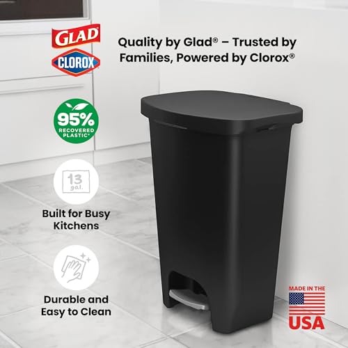 Glad 13 Gallon Trash Can | Plastic Kitchen Waste Bin with Odor Protection of Lid | Hands Free with Step On Foot Pedal and Garbage Bag Rings, Black