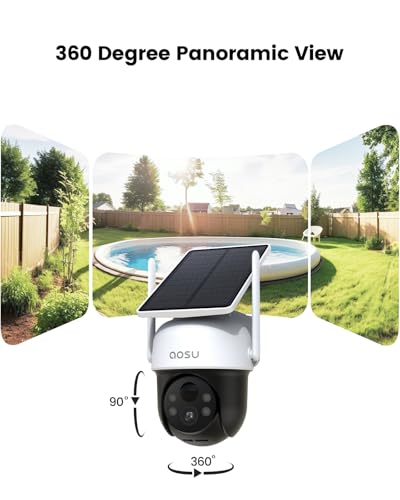 AOSU Solar Camera Security Outdoor - 100% Wire-Free Security Cameras Wireless Outdoor for Home Surveillance with Fixed Solar Panel, 360° Panoramic View, Human Auto Tracking, 2K Color Night Vision