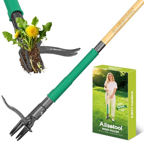 Weed Puller Tool with 2 Weed Eject Feature, 43.7in Stand Up Dandelion Remover Tool, Real Bamboo Handle and Metal 4 Claw & Foot Pedal, Heavy Duty Garden Weeder