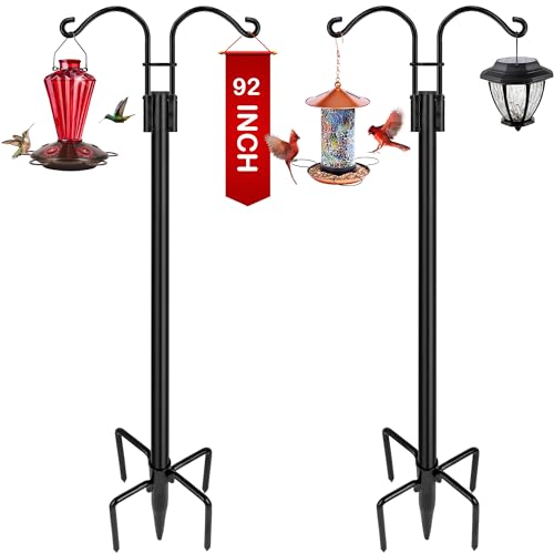 XDW-GIFTS Double Shepherds Hooks for Outdoor, 2-Pack Heavy Duty Garden Pole for Hanging Bird Feeder, Plant Baskets, Solar Light Lanterns, Garden Plant Hanger Stands with 5 Base Prongs