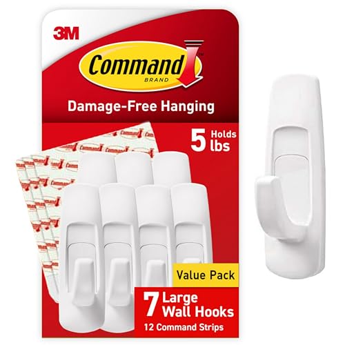 Command 5 lb Large Utility Hooks, 7 Hooks and 12 Strips, Damage-Free Hanging Wall Hook with Adhesive Strips, No Tools Required, Great for Home Kitchen Office Organization | 12-Strips, Organize, Damage-Free