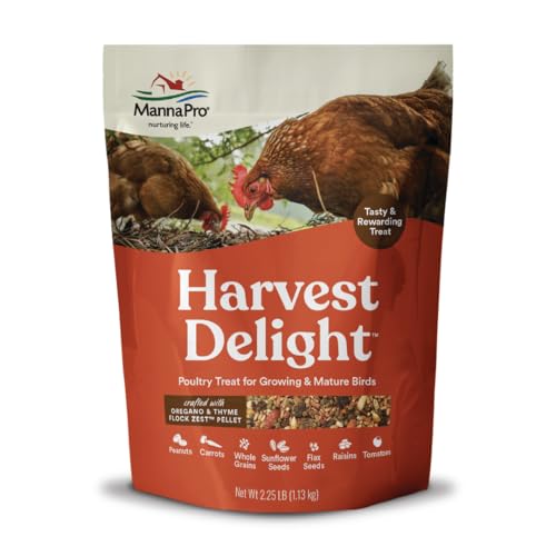 Manna Pro Harvest Delight Poultry Treat, Whole Grain & Seed Mix with Fruits & Vegetables, 14% Protein Snack for Chickens, Ducks & Mixed Flocks, 2.25 lb