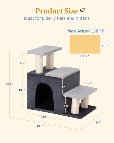 Aechonow 3-in-1 Pet Stairs for Cats, Dog Steps for Small Doggie Rabbits, 6.29''Depth Cat Stairs, Indoor Cat Ladders for High Bed for Pet's Joints, 1 Cat Condo Cave, Sisal Scratcher, Grey, Medium