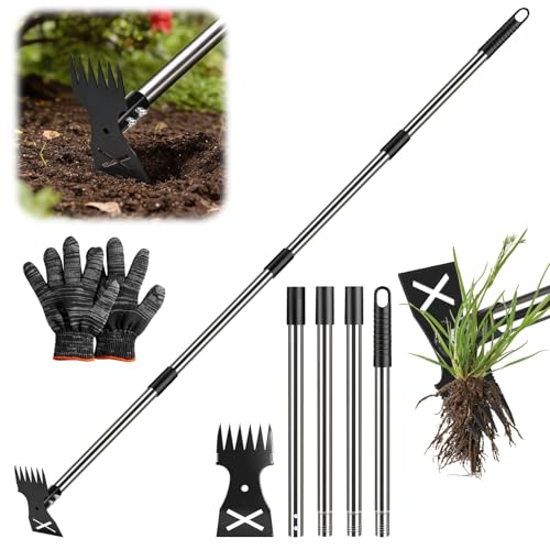Weed Puller Tool with Long Handle - Adjustable Length Manual Weeder Remover Tool, 2 in 1 Hand Weed Rake and Garden Hoe for Gardening, Uprooting Weeding Tool for Yard, Lawn, Patio, Garden