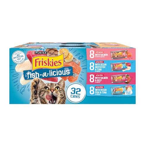 Purina Friskies Wet Cat Food Variety Pack Fish-A-Licious Extra Gravy,  Filets and Tasty Treasures - (Pack of 32) 5.5 oz. Cans