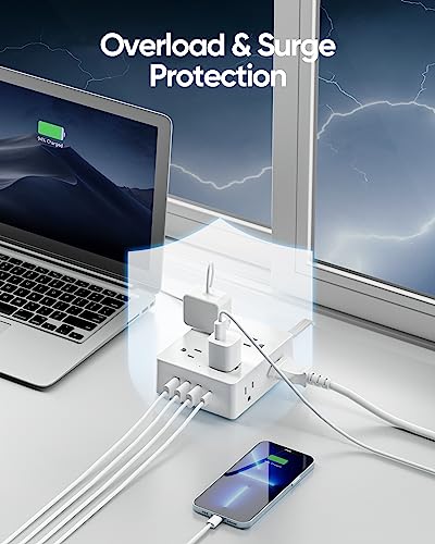 Surge Protector Power Strip 10 ft Cord, Olcorife Ultra Thin Flat Plug Extension Cord, 8 Outlets 4 USB Ports(1 USB C), Flat Plug Outlet Extender, College Dorm Room Essentials, White