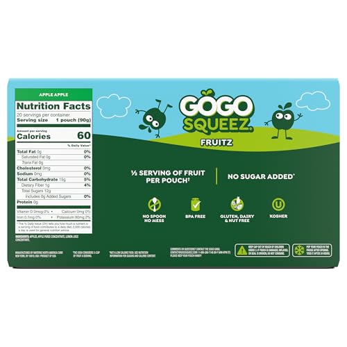 GoGo squeeZ No Sugar Added Applesauce and Fruit Puree, Apple, 3.2 oz Pouches (Pack of 20), Fruit Snacks for Kids, Gluten Free, Nut Free, Recloseable Cap, BPA Free